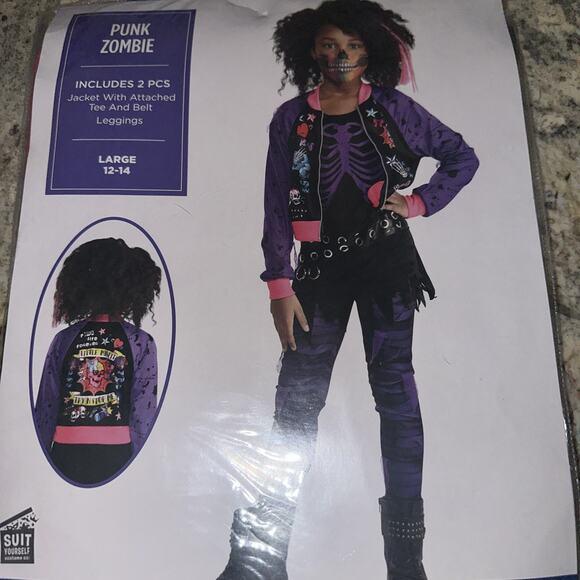 Zombie Punk Halloween Costume Girls size Lrg 12-14 , 2 piece pink purple black - Picture 2 of 4